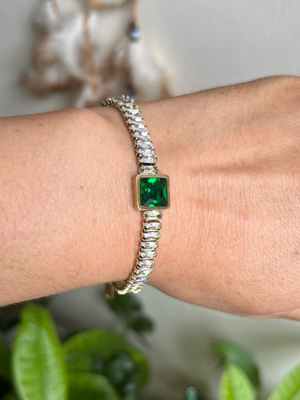 18K gold plated stainless steel Emerald square-cut stone tennis bracelet